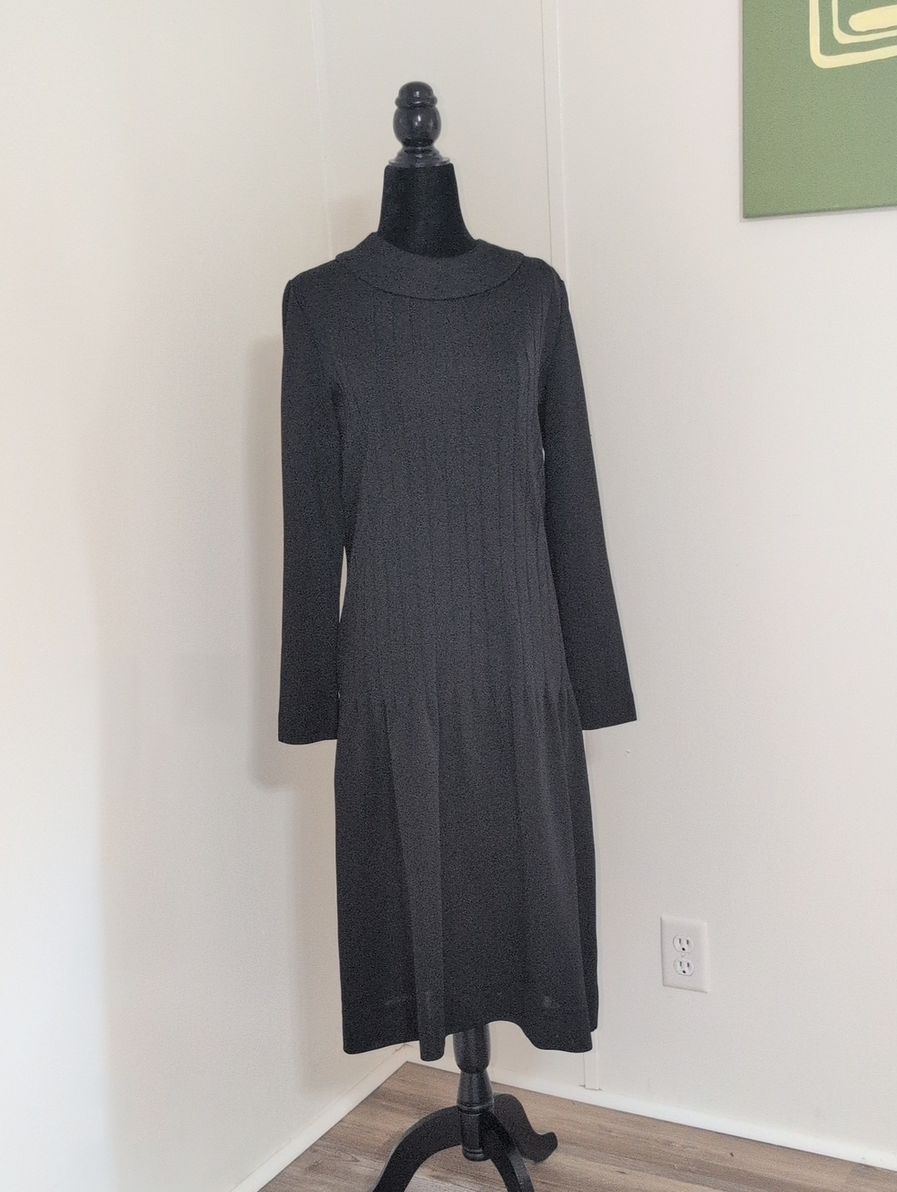 Vintage 1960s Drop Waist Classic Black Pleated Long Sleeve Dress